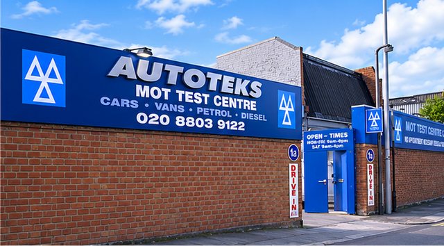 The Autoteks MOT Test Centre building on Shaftesbury Road, with the drive-in entrance at number 1a