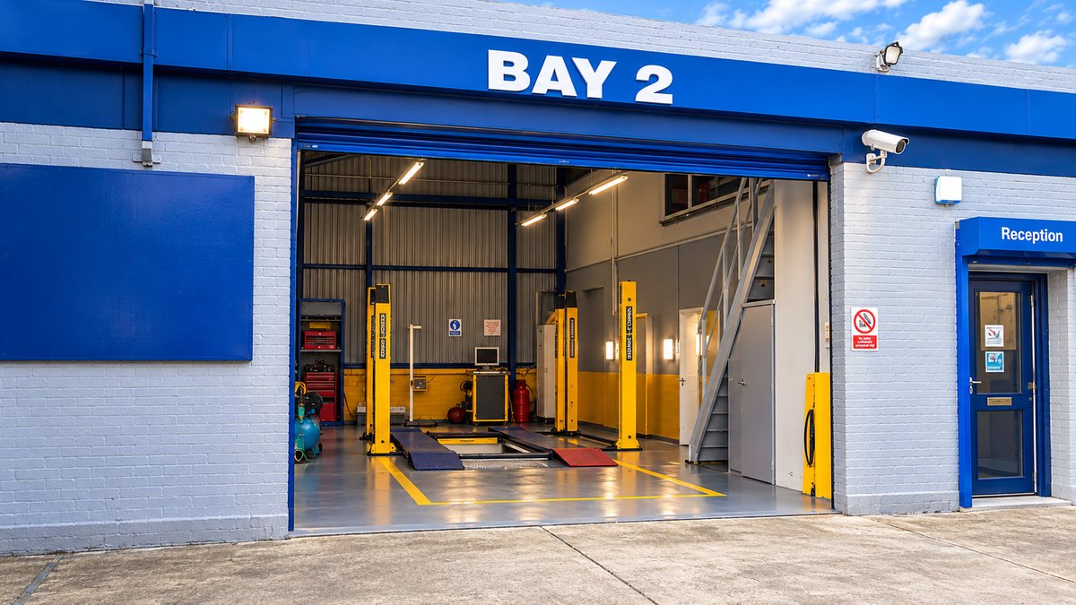 Bay 2 at Autoteks with the shutter open onto the yellow two-post lifts, next to the reception door