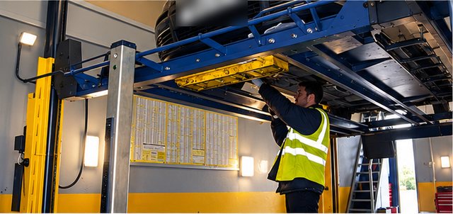 A tester checking underneath a car on the lift